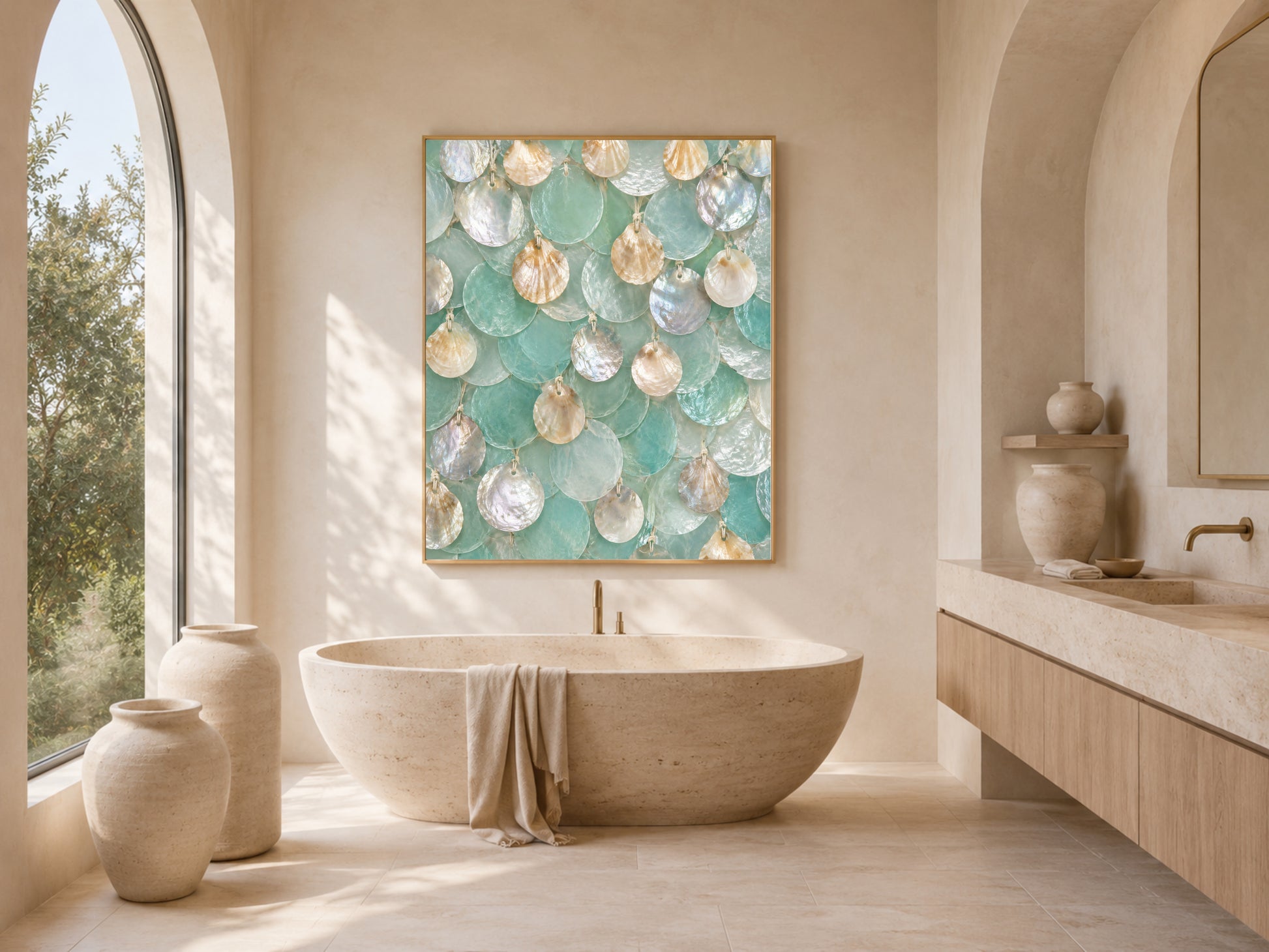 Seafoam capiz shell wall art framed in a spa-style bathroom with soaking tub and arched window
