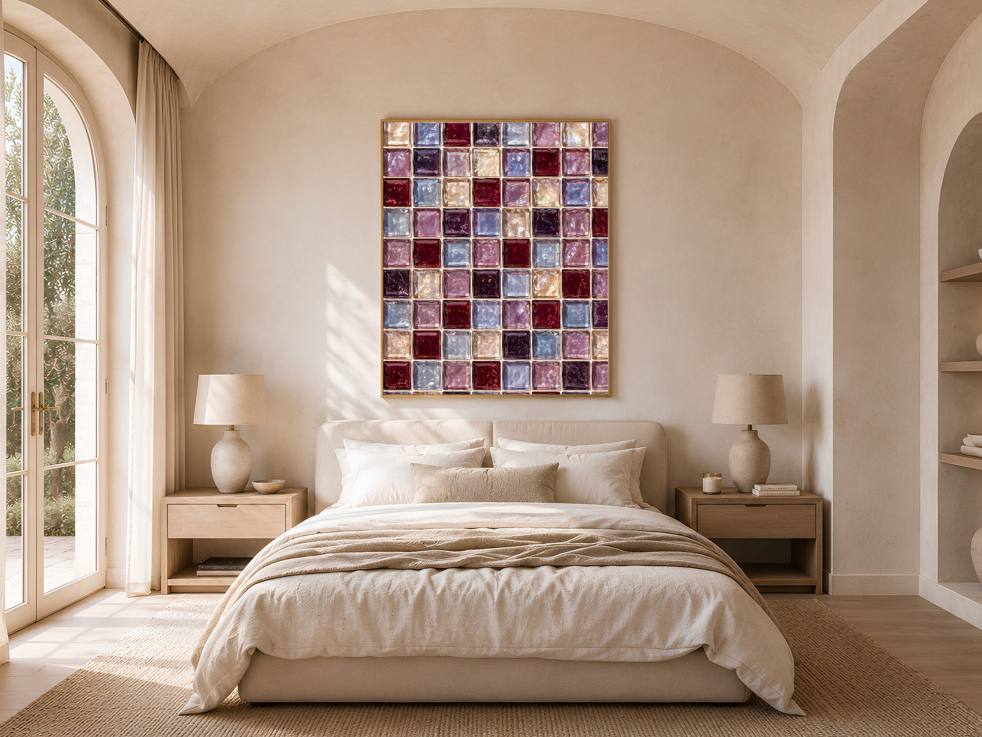Bedroom with the berry jewel tone mosaic print above a bed with white linens, framed by arched windows and nightstand lamps
