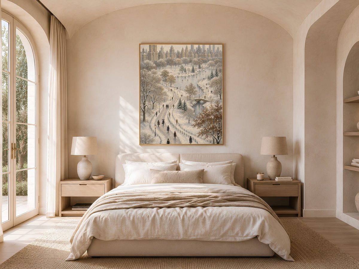Central Park winter wall art framed print displayed above bed in warm neutral bedroom