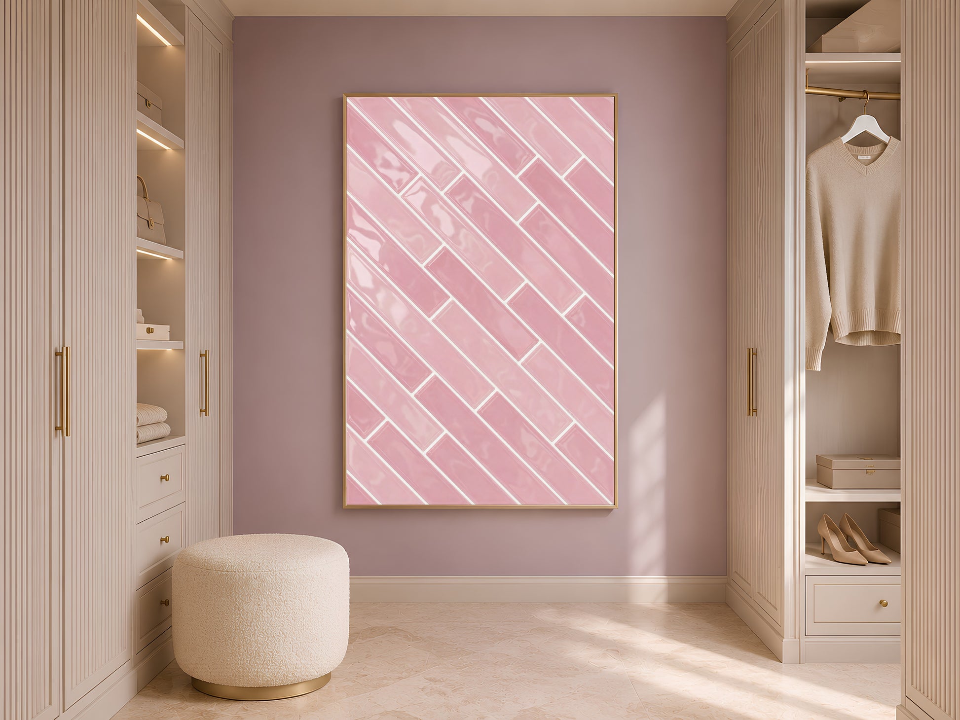Pink herringbone tile wall art print in a gold frame on the wall of a minimal spa bathroom with a freestanding white bathtub and arched alcove
