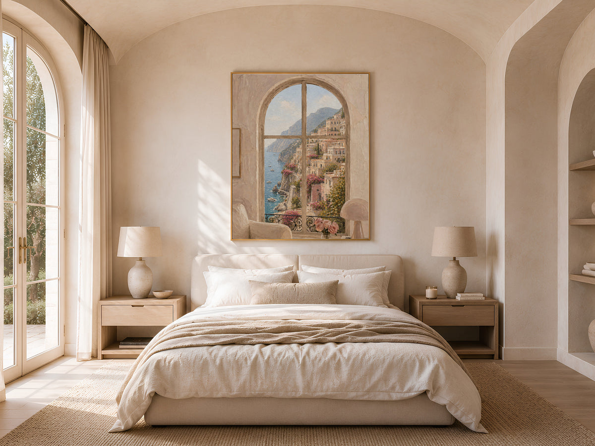 Amalfi Coast Window View Wall Art, Positano Impasto Print - Digital Download