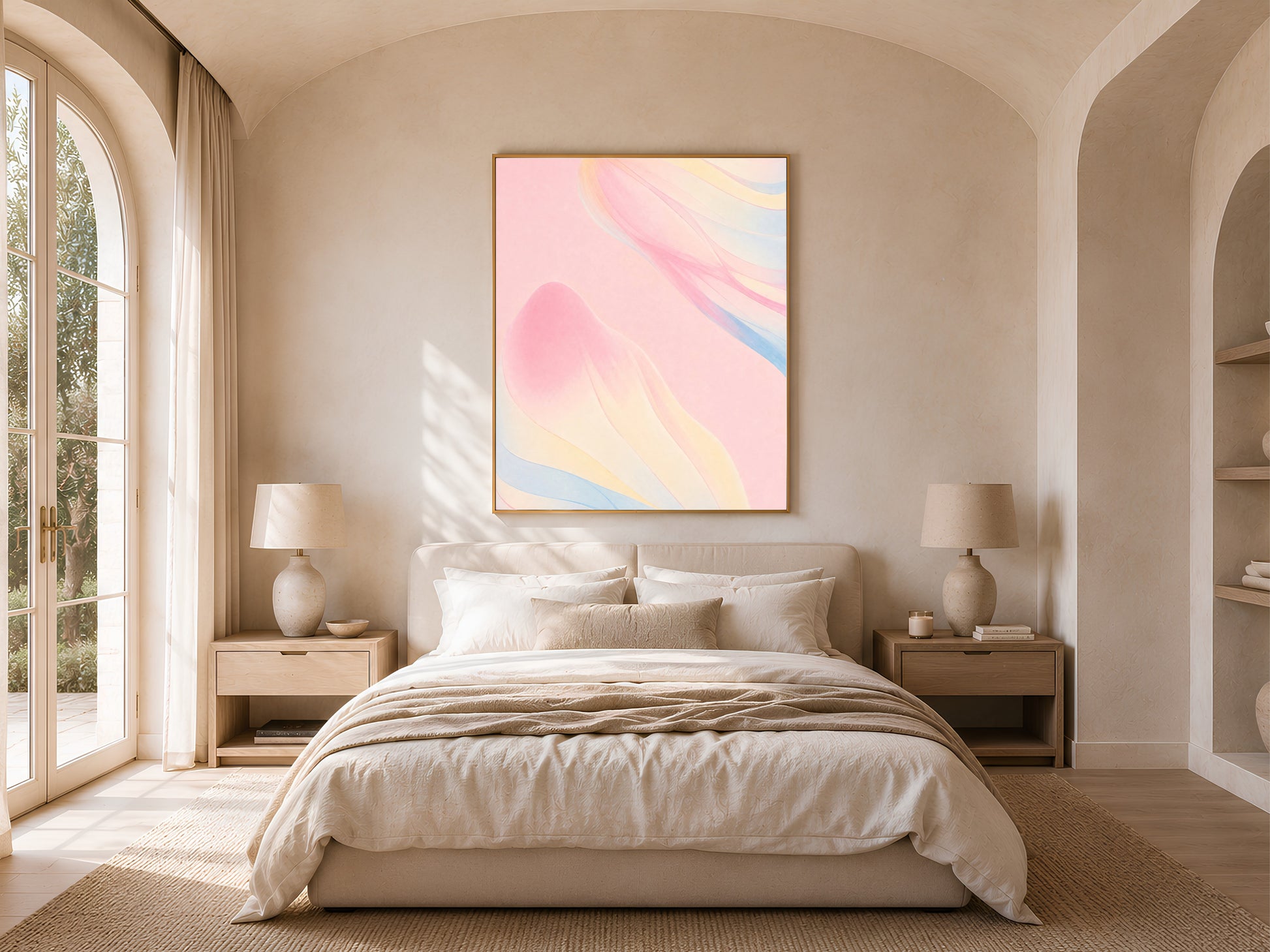 Pastel abstract ribbon print above a bed in a soft, arched bedroom with linen bedding

