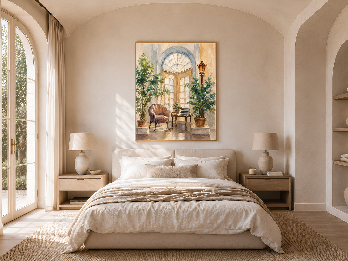 Mediterranean courtyard painting framed in gold above a neutral bedroom bed, impasto artwork with an arched doorway scene
