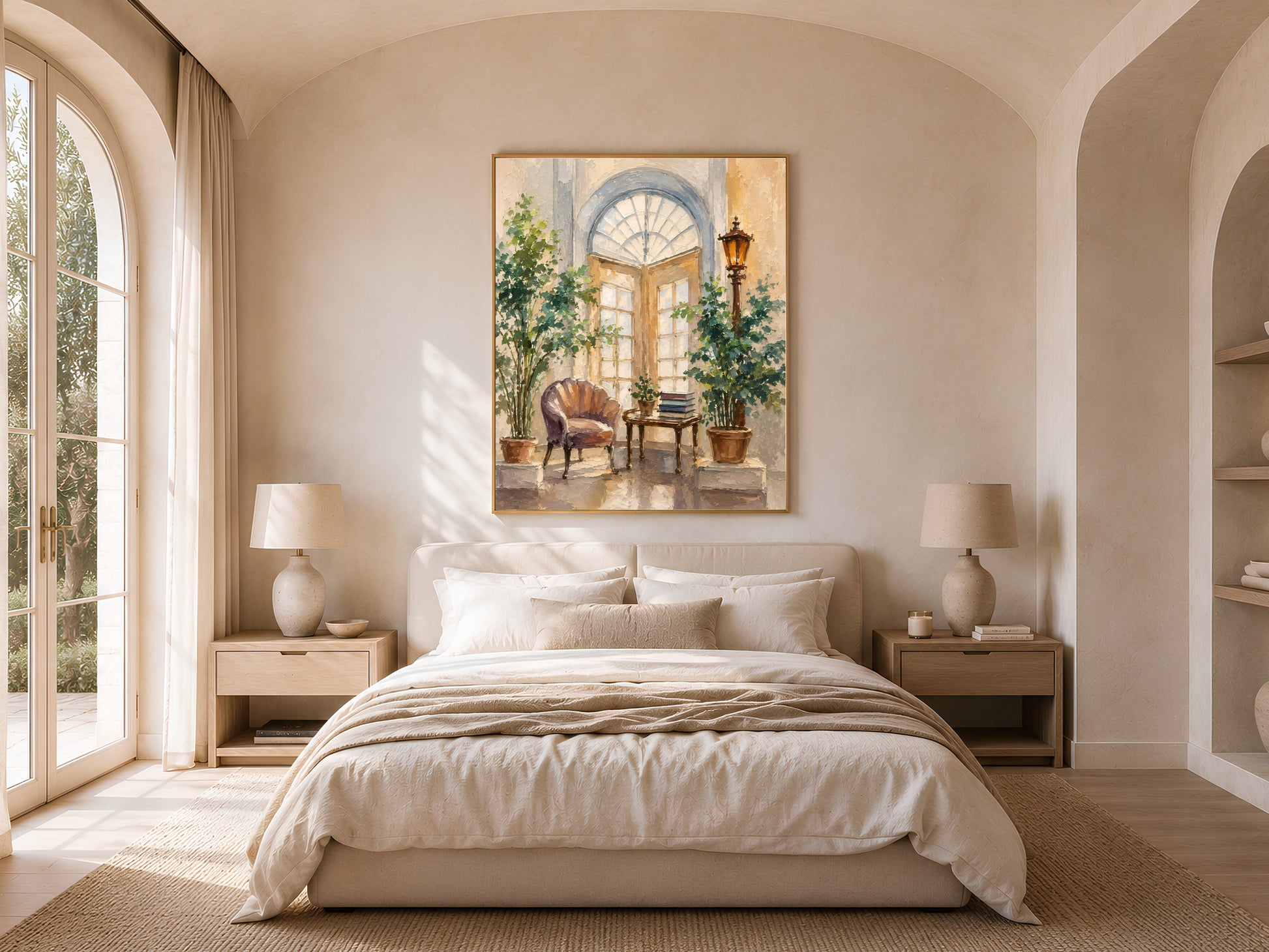 Mediterranean courtyard painting framed in gold above a neutral bedroom bed, impasto artwork with an arched doorway scene
