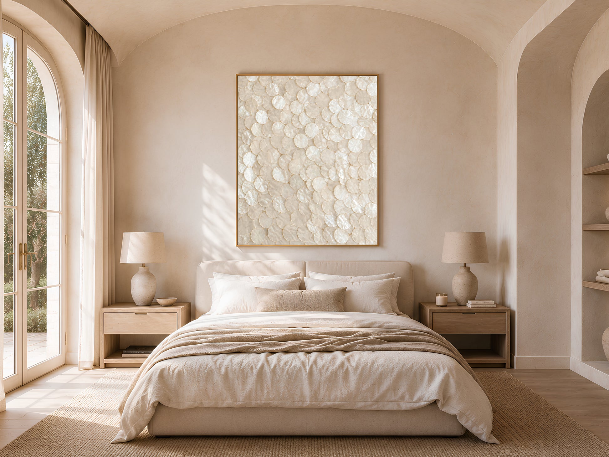 Neutral bedroom with arched doorway and capiz shell wall art framed in gold, hung above the bed

