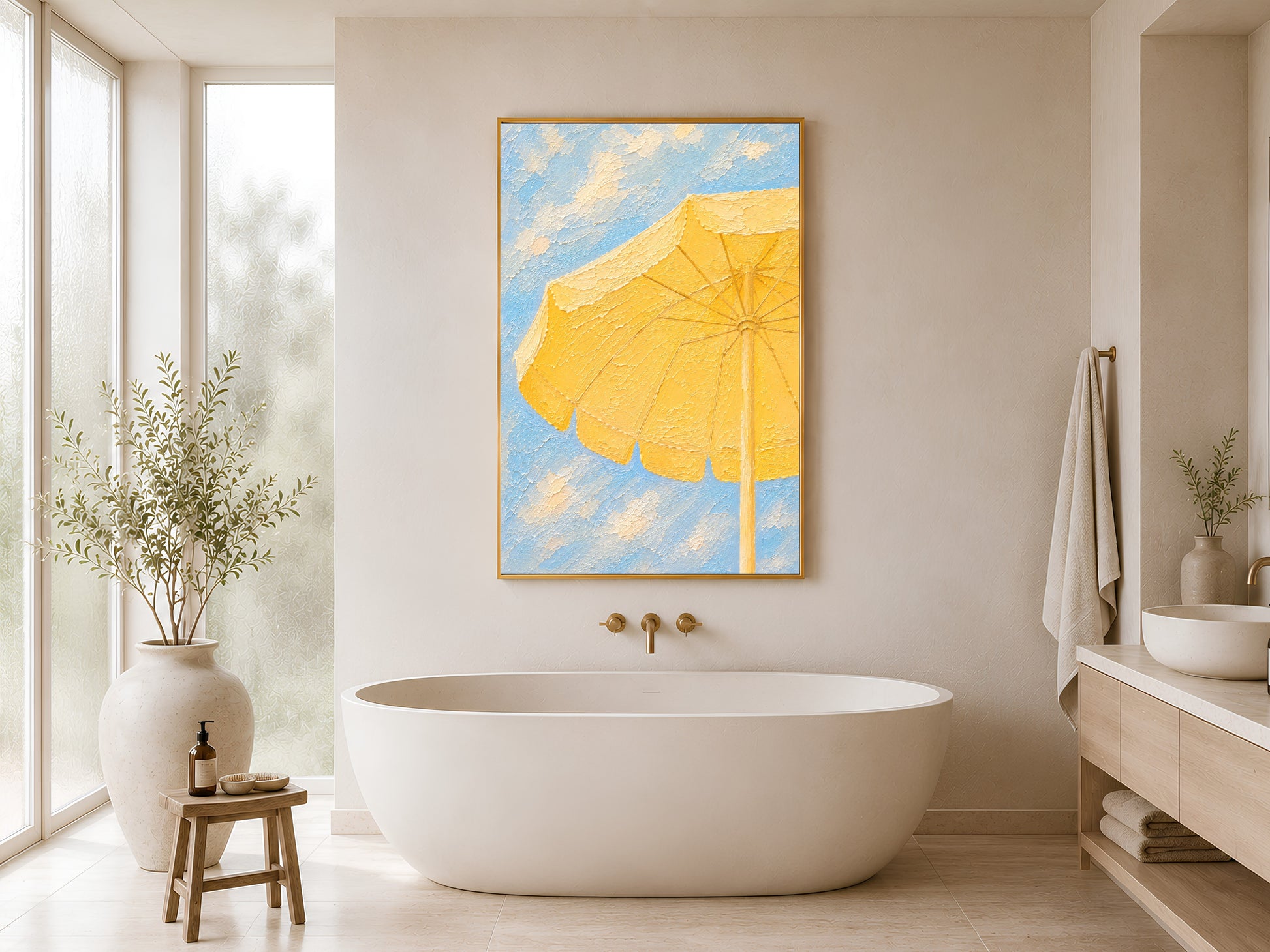 Framed yellow beach umbrella wall art in a bright minimal bathroom beside a freestanding bathtub, wood stool and large window
