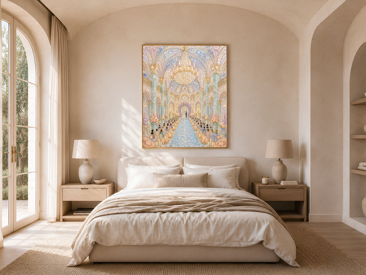 Pastel Wedding Chapel Wall Art, Whimsical Mosaic Cathedral Print - Digital Download