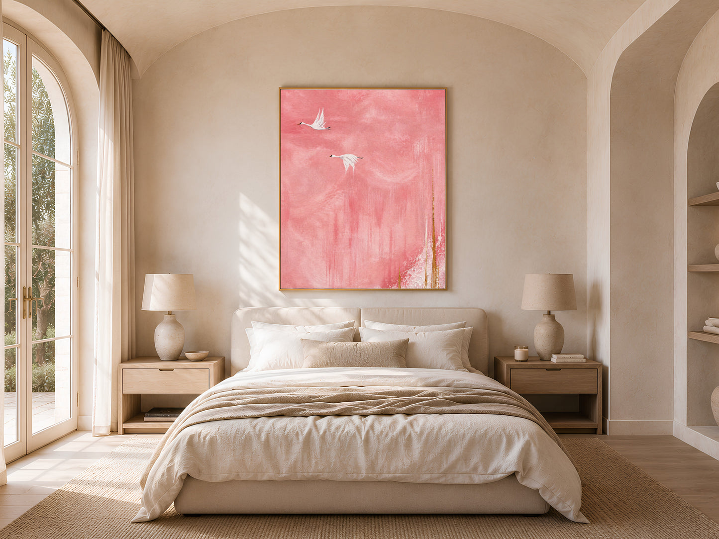Flying cranes wall art hung in a sunlit bedroom with arched window, pink sky Japandi print for bedroom decor
