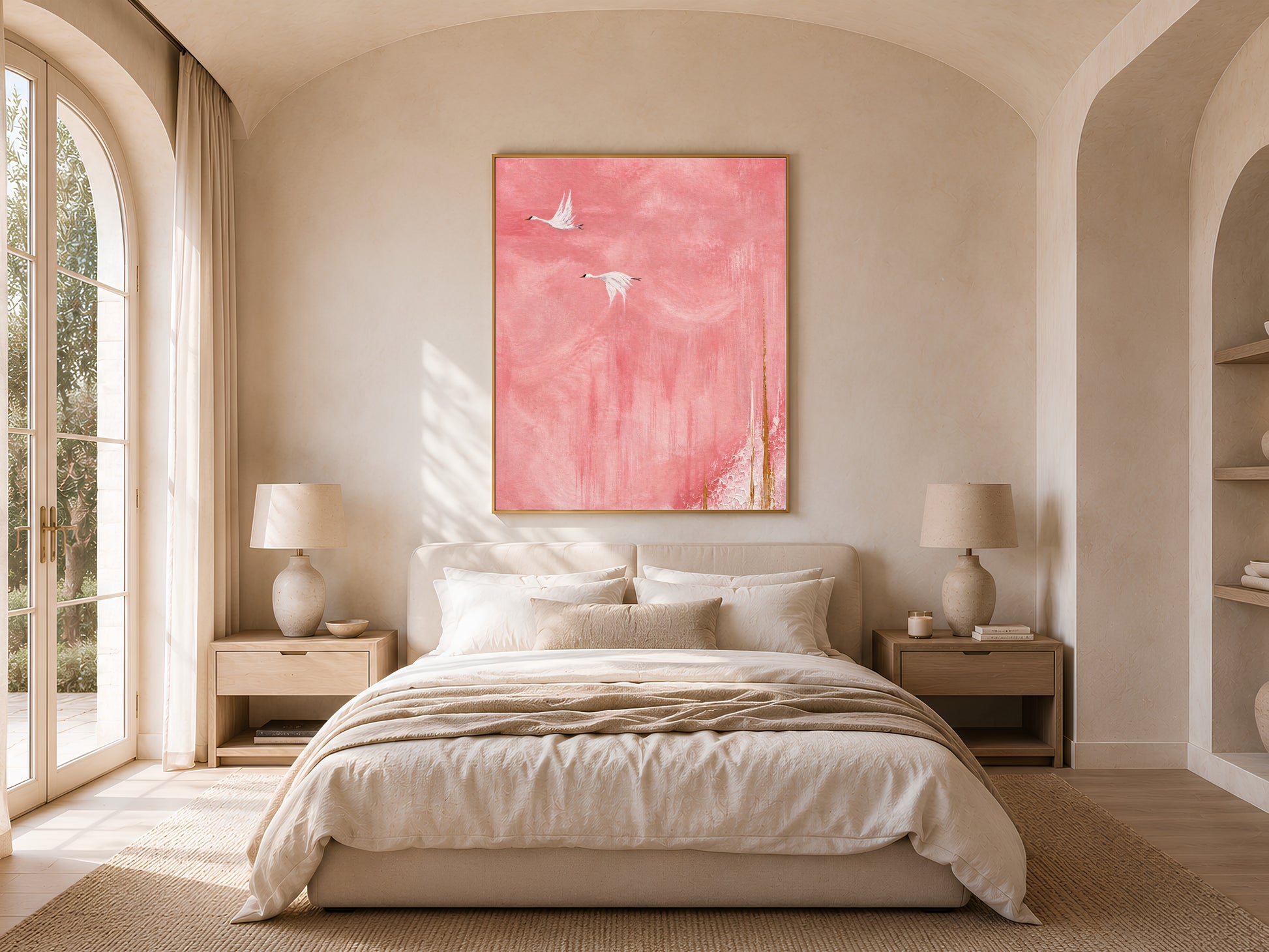 Flying cranes wall art hung in a sunlit bedroom with arched window, pink sky Japandi print for bedroom decor