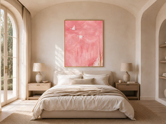 Flying cranes wall art hung in a sunlit bedroom with arched window, pink sky Japandi print for bedroom decor