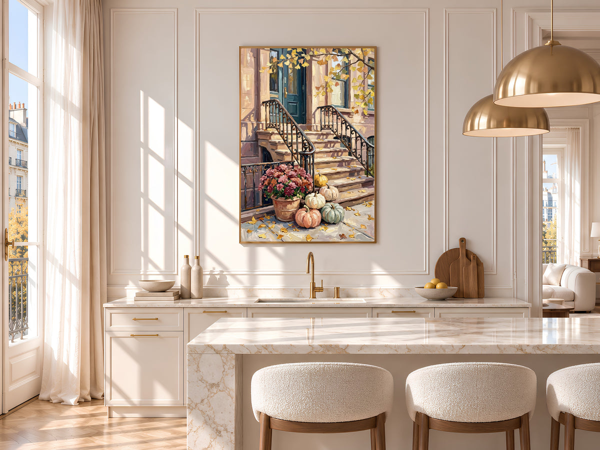 Fall Brownstone Stoop Painting Print, Autumn Pumpkins City Art, Pastel Fall Wall Decor, Printable Digital Download
