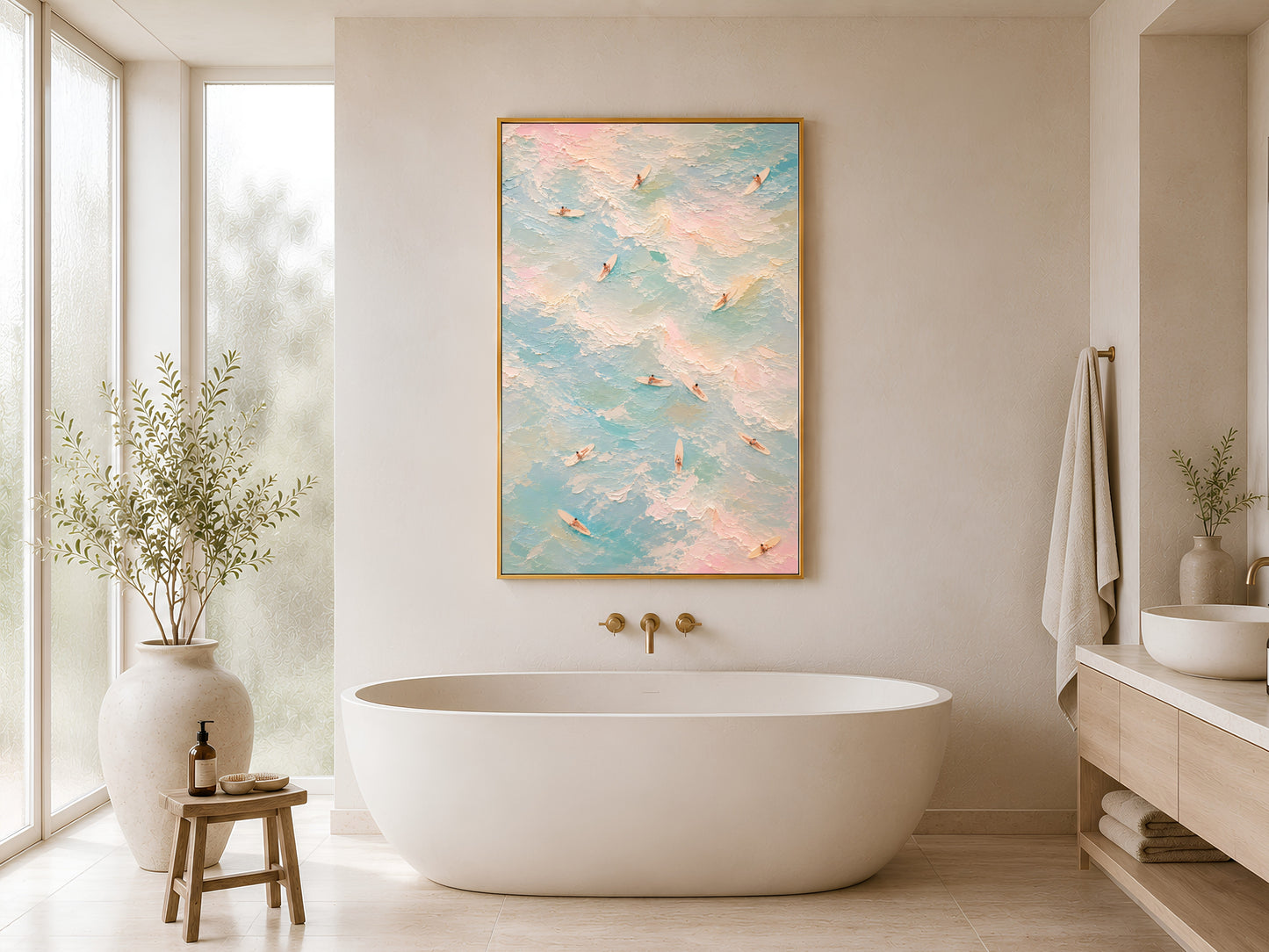 Pastel ocean surf print in gold frame hung in a minimal white bathroom with freestanding bathtub