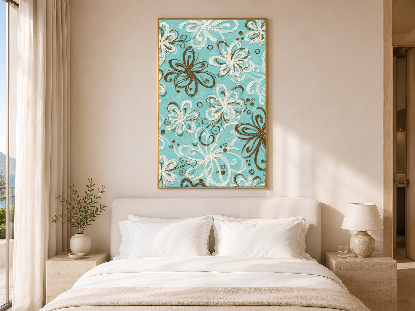 Turquoise retro swirl floral print in gold frame above white bed in warm neutral bedroom with soft lighting
