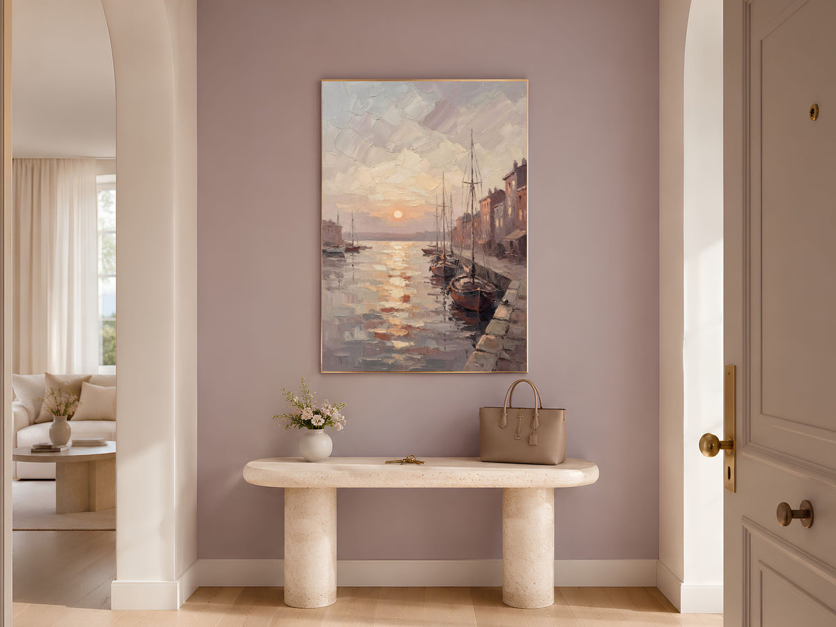 Harbor Sunset Wall Art, Impasto Oil Painting Print - Digital Download