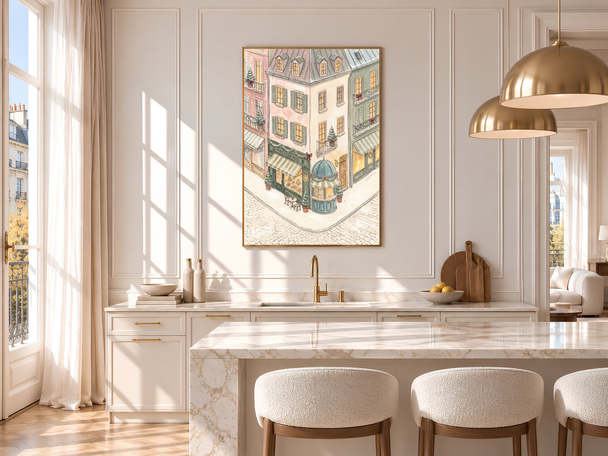 Sage Green Christmas Print, Pastel Patisserie Watercolor, Snowy Parisian Cafe Corner, Holiday Digital Download