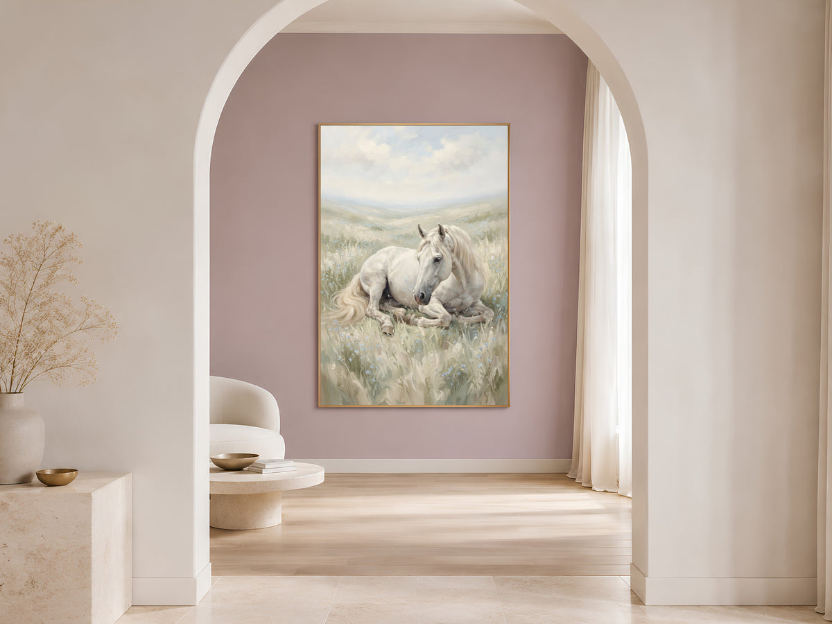 White Horse Wall Art, Wildflower Meadow Oil Painting Print - Digital Download