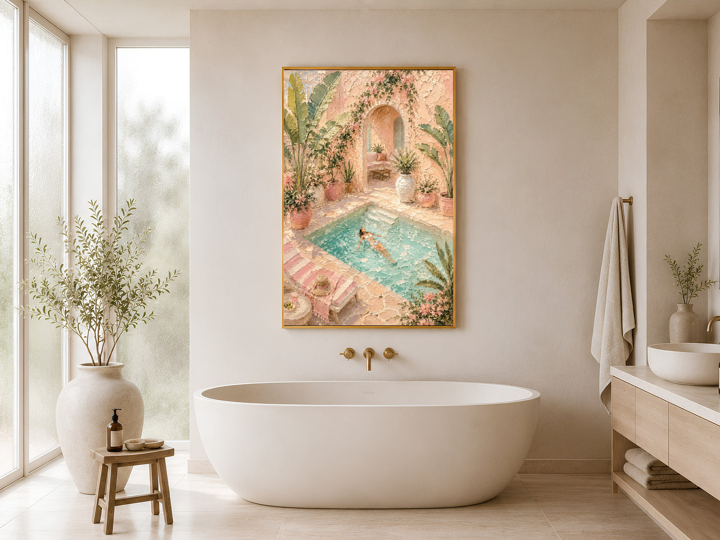 Framed pool villa wall art in blush pink and teal on a warm white bathroom wall beside a freestanding bathtub, wood stool and bright window
