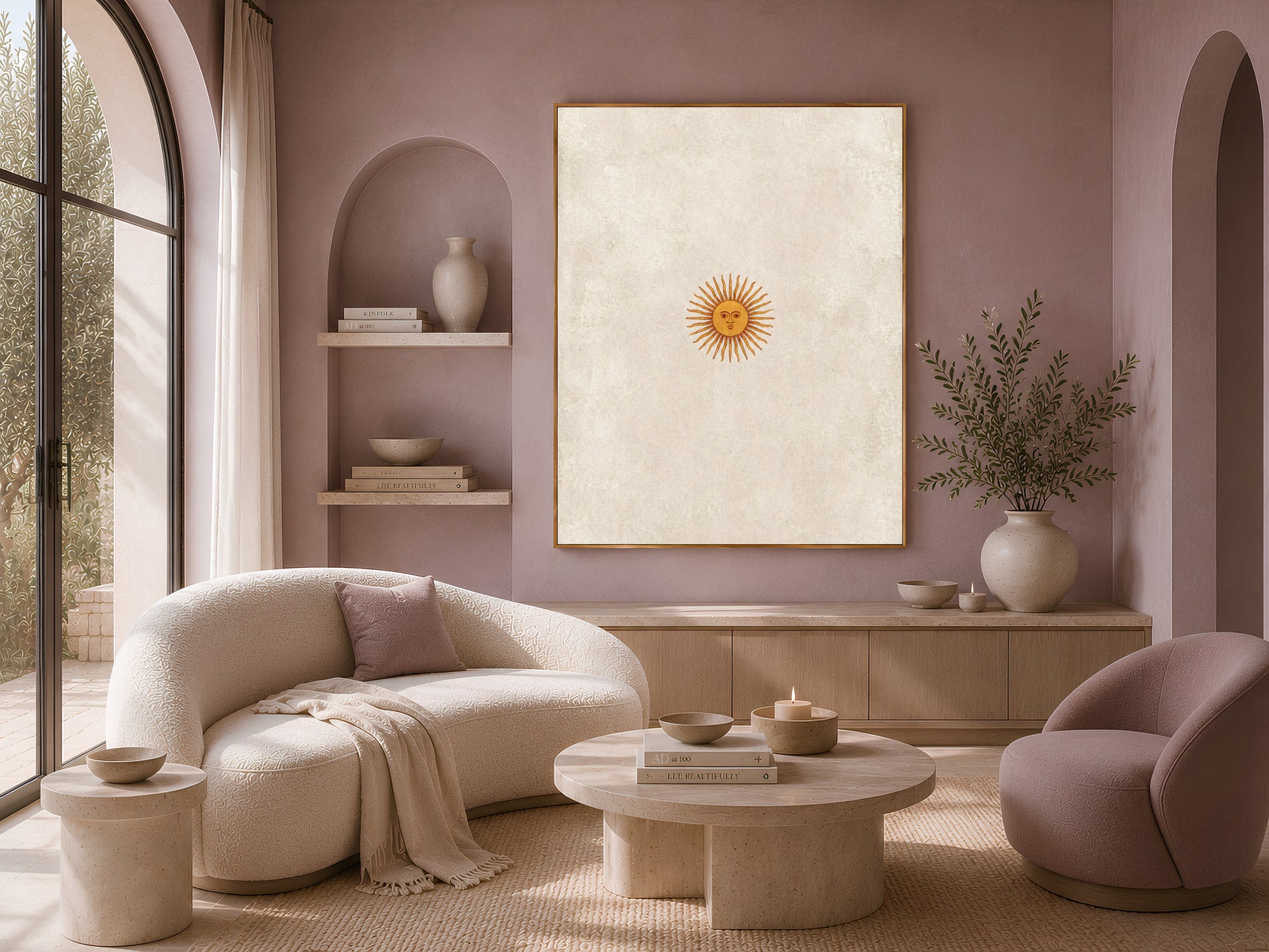Vintage sun face wall art framed above a curved boucle sofa in a neutral living room, minimalist celestial print