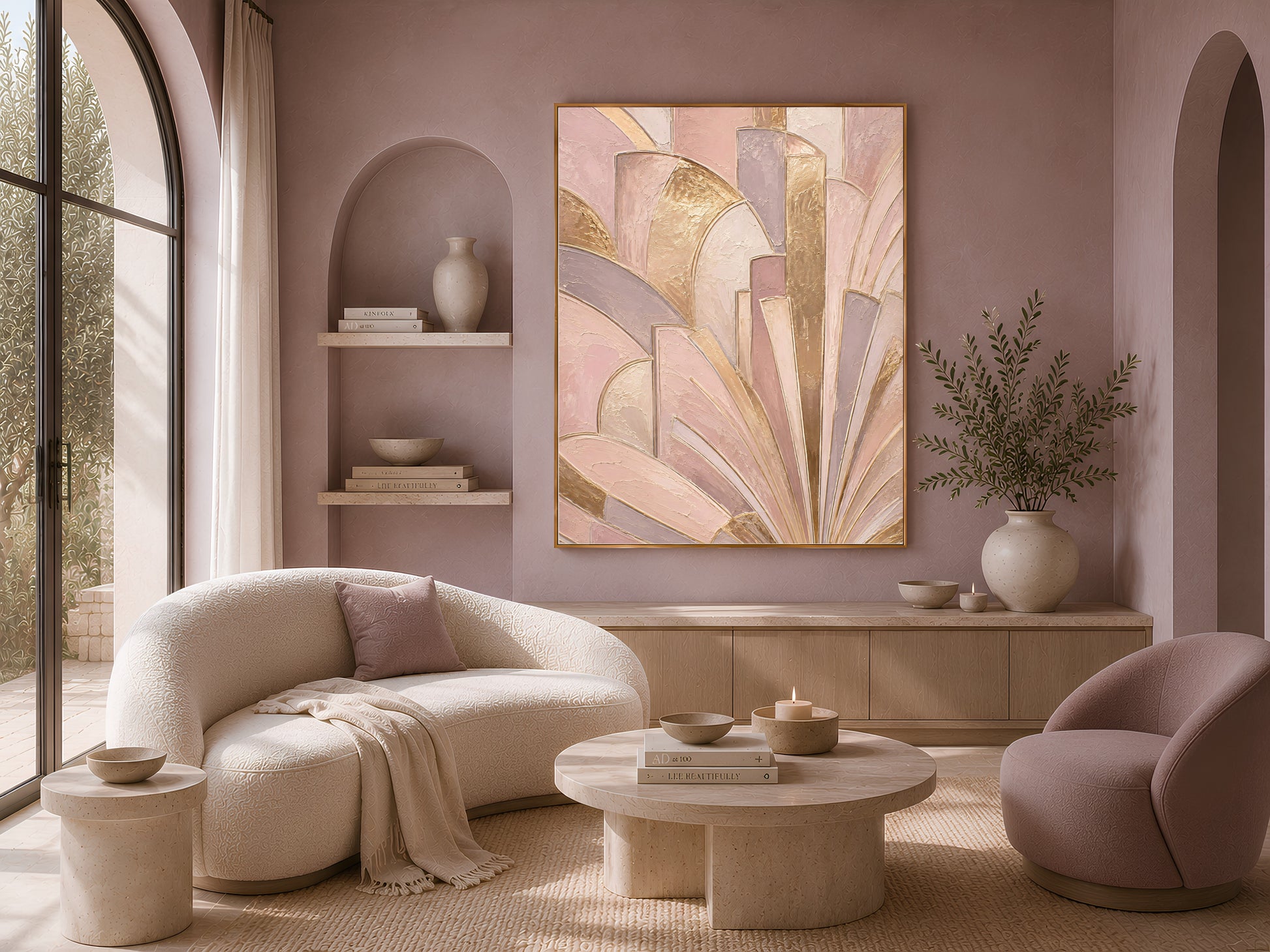 Art deco fan wall art framed above curved sofa in living room, blush pink and gold decor
