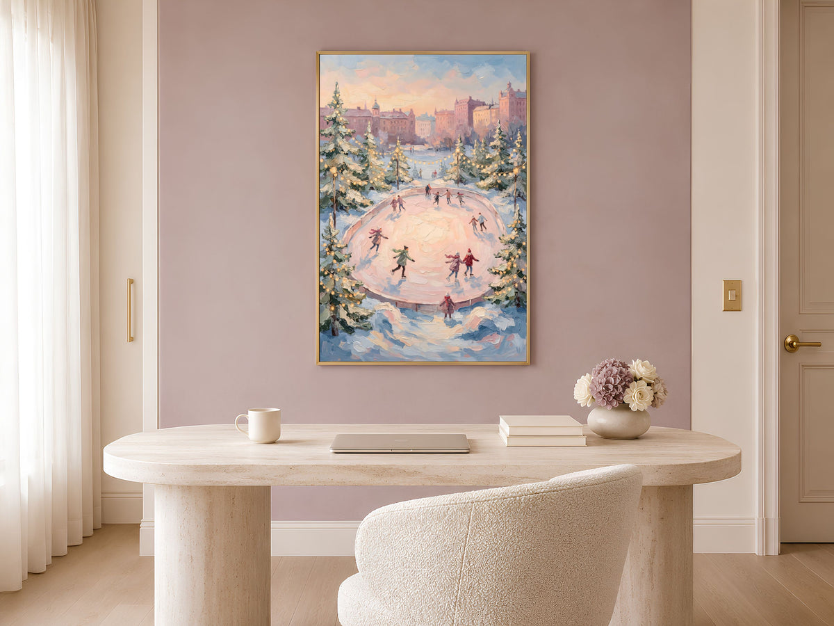Ice Skating Rink Wall Art, Pink Sky Winter Print - Digital Download