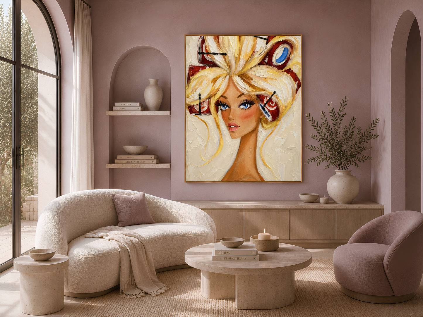 Vintage hair rollers portrait print in a gold frame above a curved cream sofa in a bright living room.
