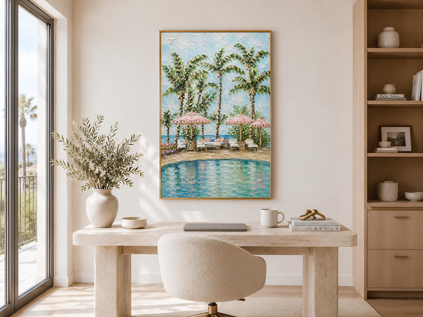 Gold-framed tropical poolside palm tree and pink parasol wall art beside a large window in a bright home office with warm neutral shelving and a round desk
