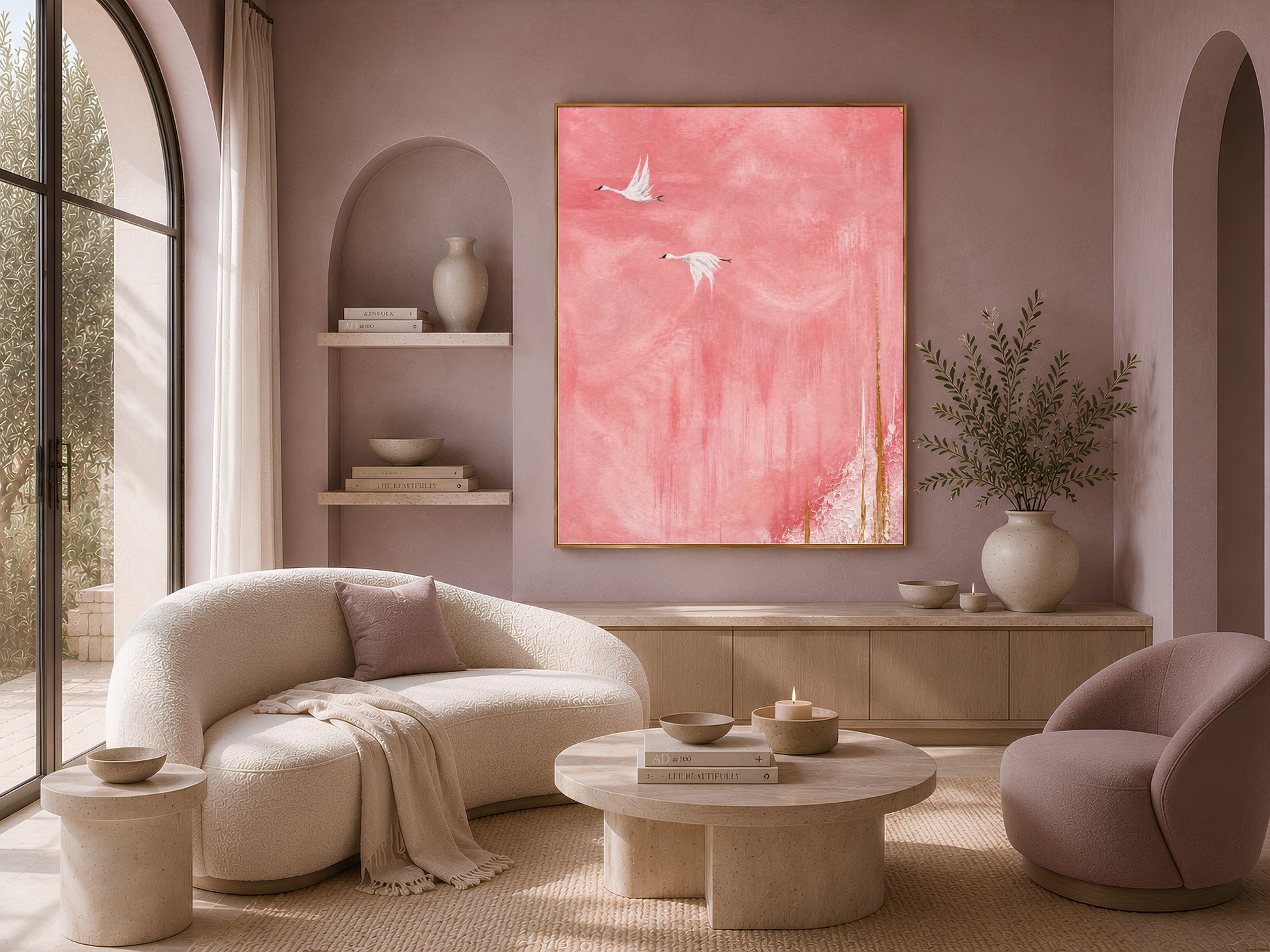 Flying cranes wall art framed above a curved boucle sofa in a neutral living room, pink sky Japandi print