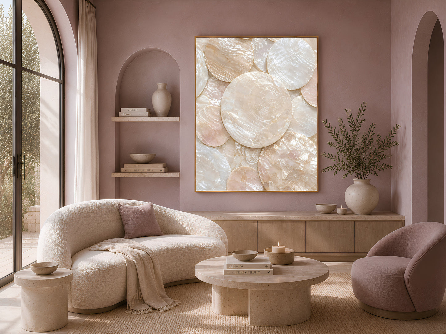 Capiz shell wall art print in a gold frame above a boucle sofa in a mauve living room
