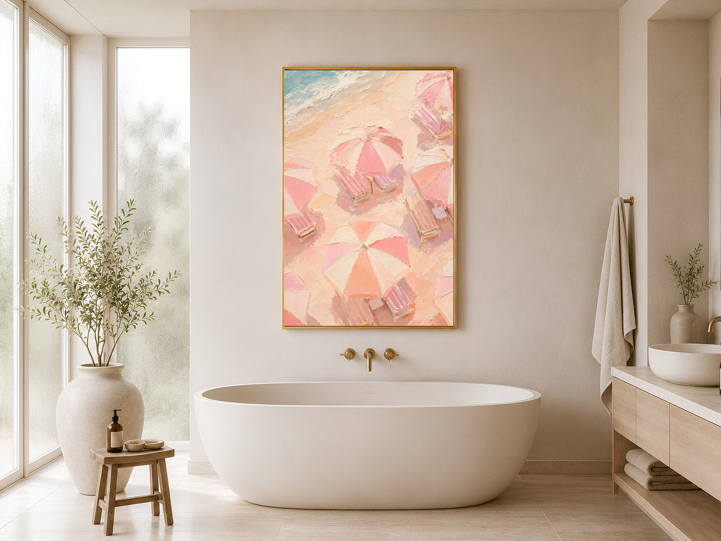Aerial pink beach umbrella print in gold frame hung in a minimal white bathroom with freestanding bathtub