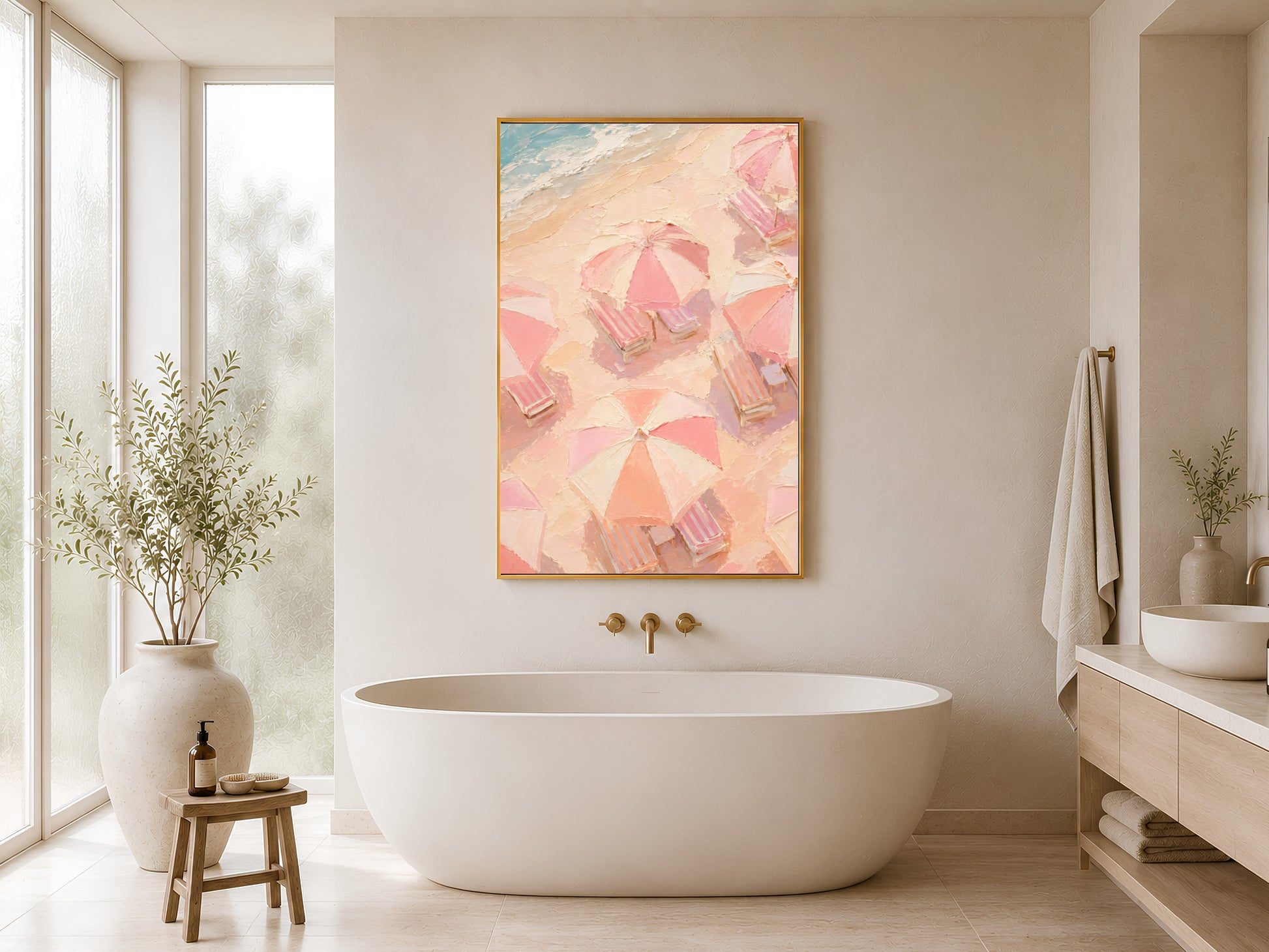 Aerial pink beach umbrella print in gold frame hung in a minimal white bathroom with freestanding bathtub