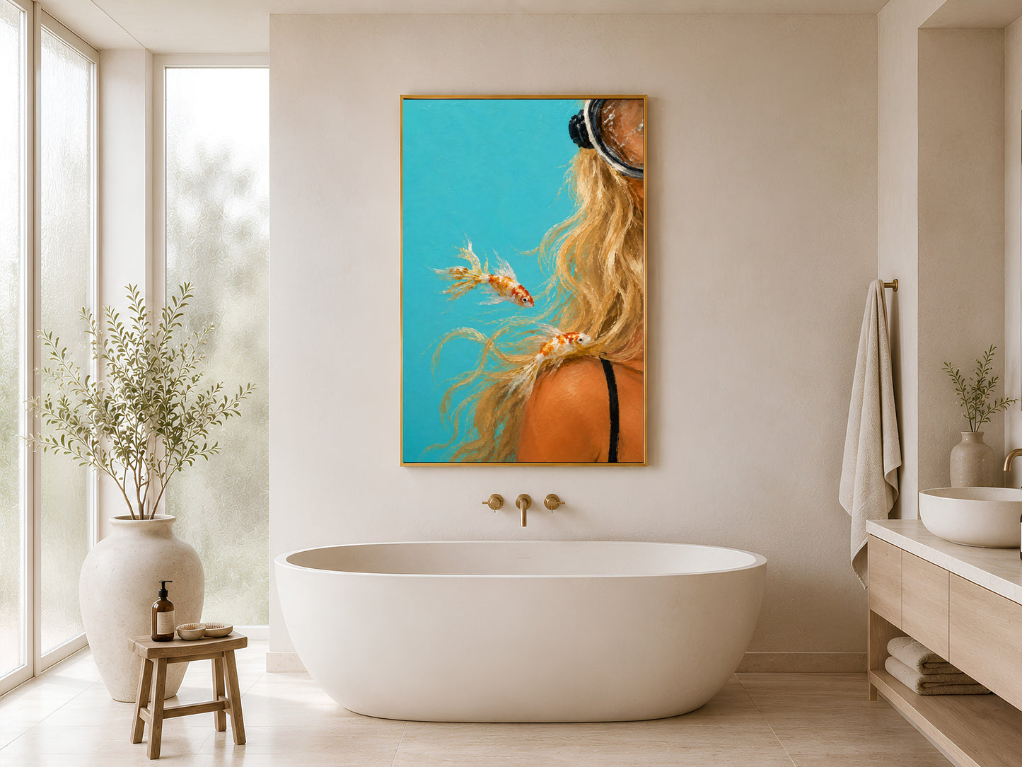 
Scuba diver girl print in gold frame hung in a minimal white bathroom with freestanding bathtub and wood stool