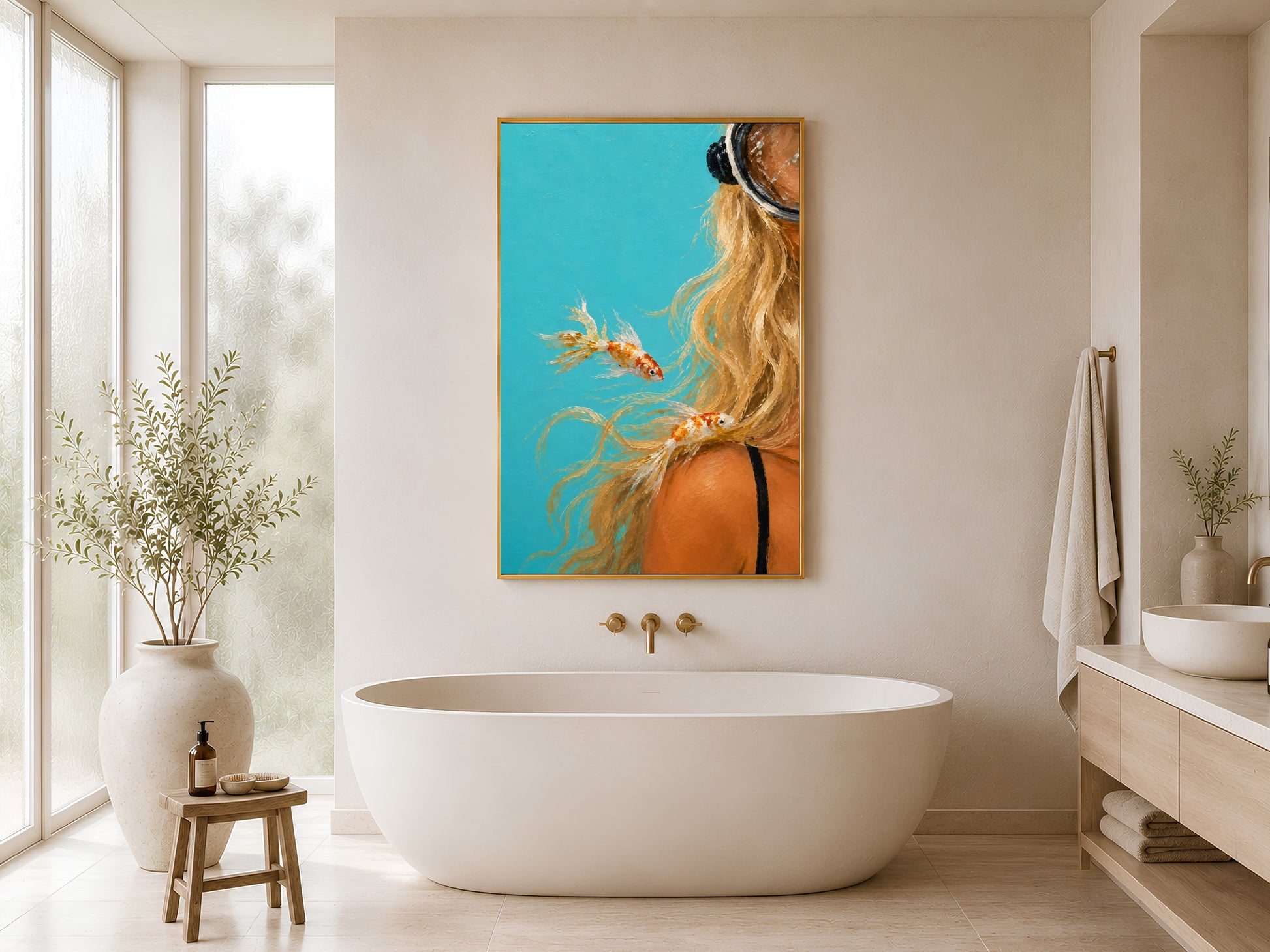 
Scuba diver girl print in gold frame hung in a minimal white bathroom with freestanding bathtub and wood stool
