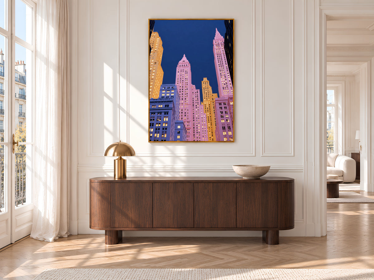 Pink City Skyline Wall Art Print, New York Inspired Art Deco Skyscrapers at Night, Pastel Pink and Navy Printable Decor, Digital Download
