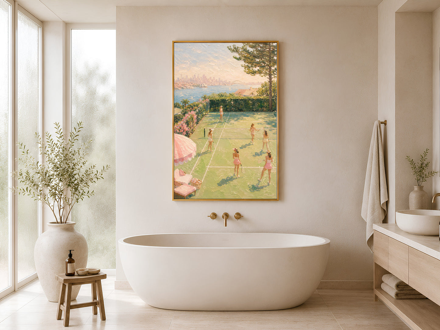 Preppy tennis court print in gold frame hung in a minimal white bathroom with freestanding bathtub and wood stool