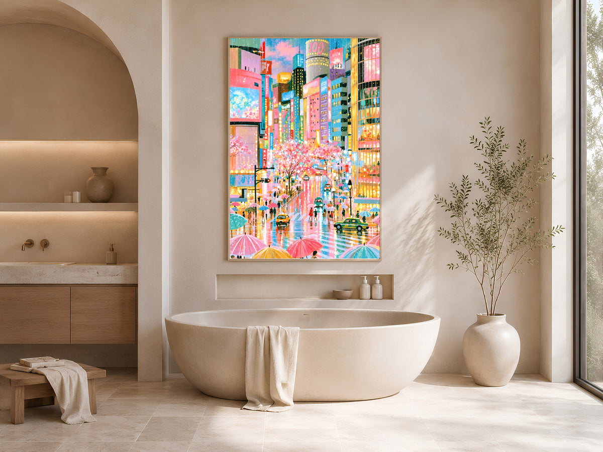 Tokyo Rain Cherry Blossom Wall Art, Pastel Shibuya Street Painting, Pink Japan City Print, Printable Digital Download