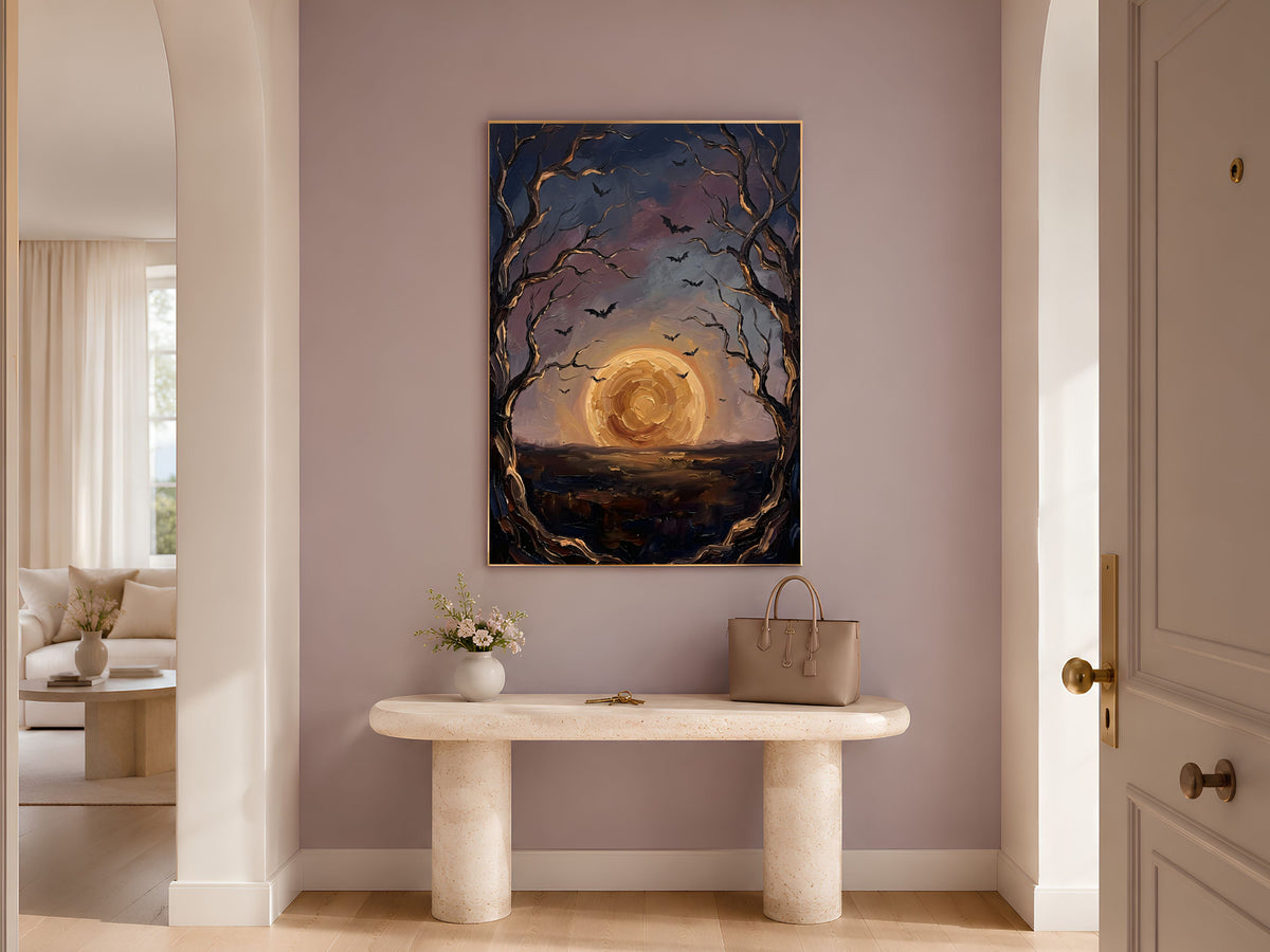 Moon and Bats Wall Art, Impasto Oil Painting Print - Digital Download