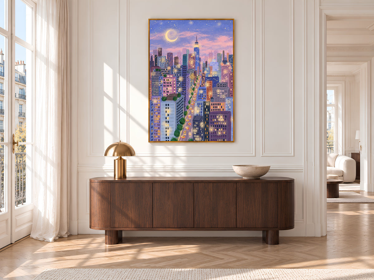 New York City at Night Print, Purple and Pink NYC Skyline Illustration with Moon and Yellow Taxis, Whimsical City Decor, Digital Download