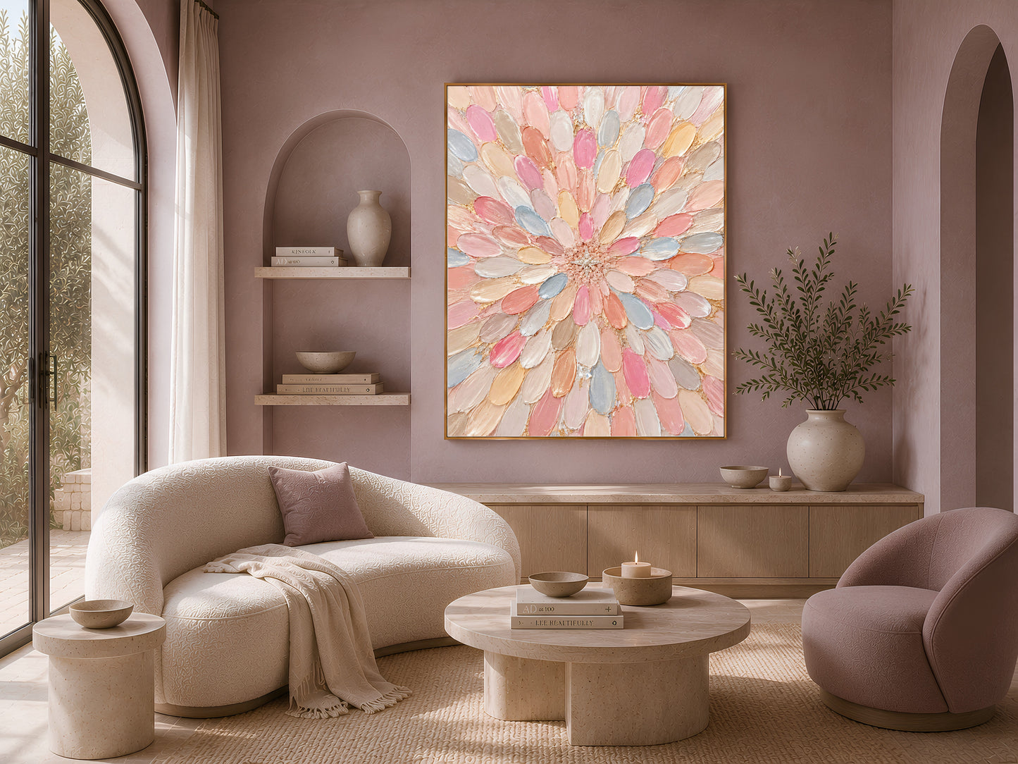 Pastel dahlia wall art framed in gold above a built-in shelf, beside a cream boucle armchair and coffee table.
