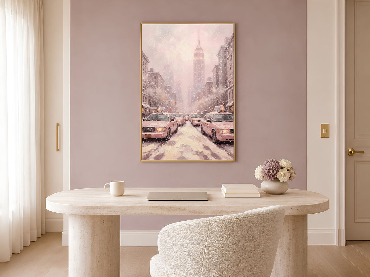 Pink Empire State Building Print, Monochrome NYC Taxi Wall Art - Digital Download