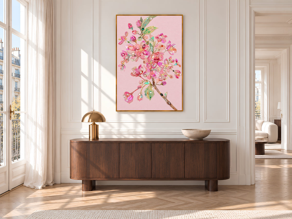 Pink Cherry Blossom Wall Art Print, Embroidery Style Floral Collage with Pearls and Sequins, Printable Coquette Decor, Digital Download
