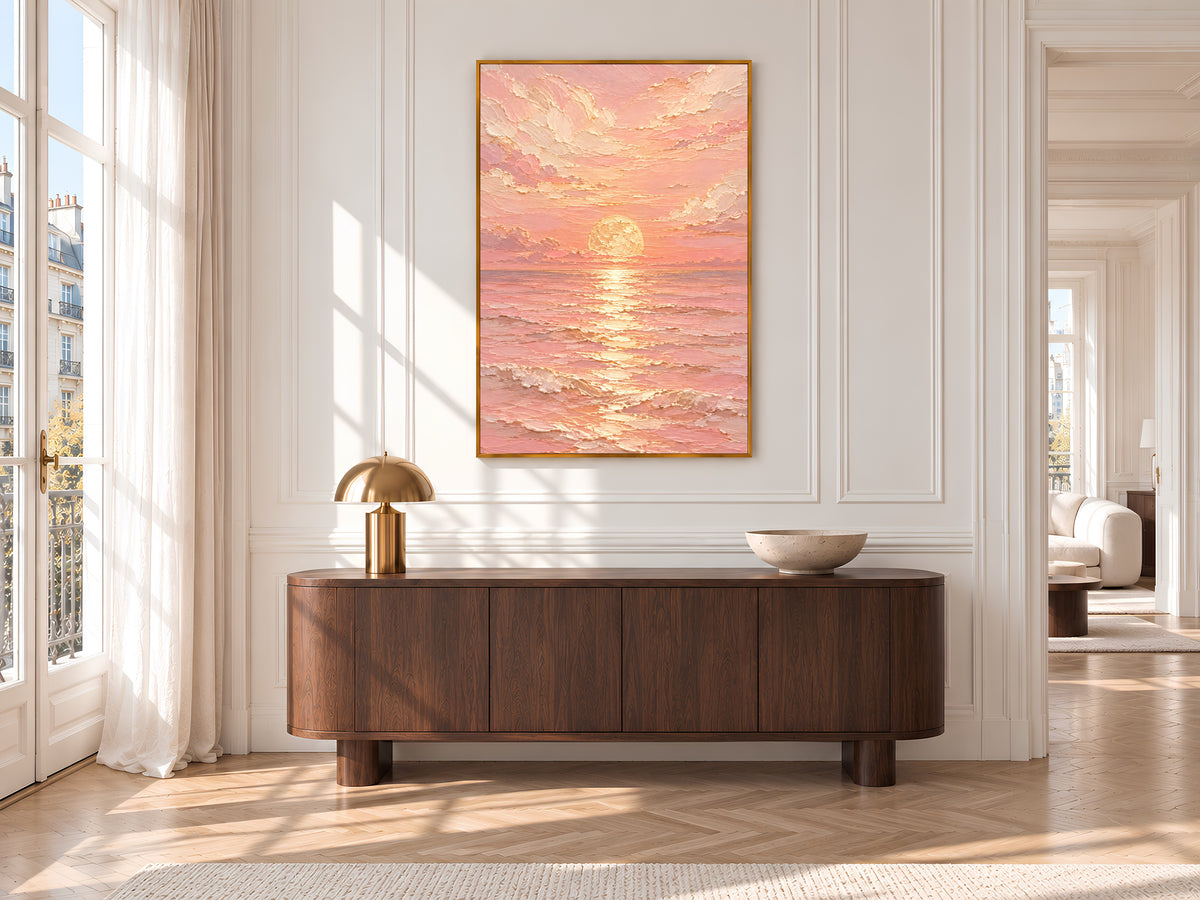 Pink Ocean Sunset Painting Print, Pastel Seascape Wall Art, Textured Coastal Art, Printable Digital Download