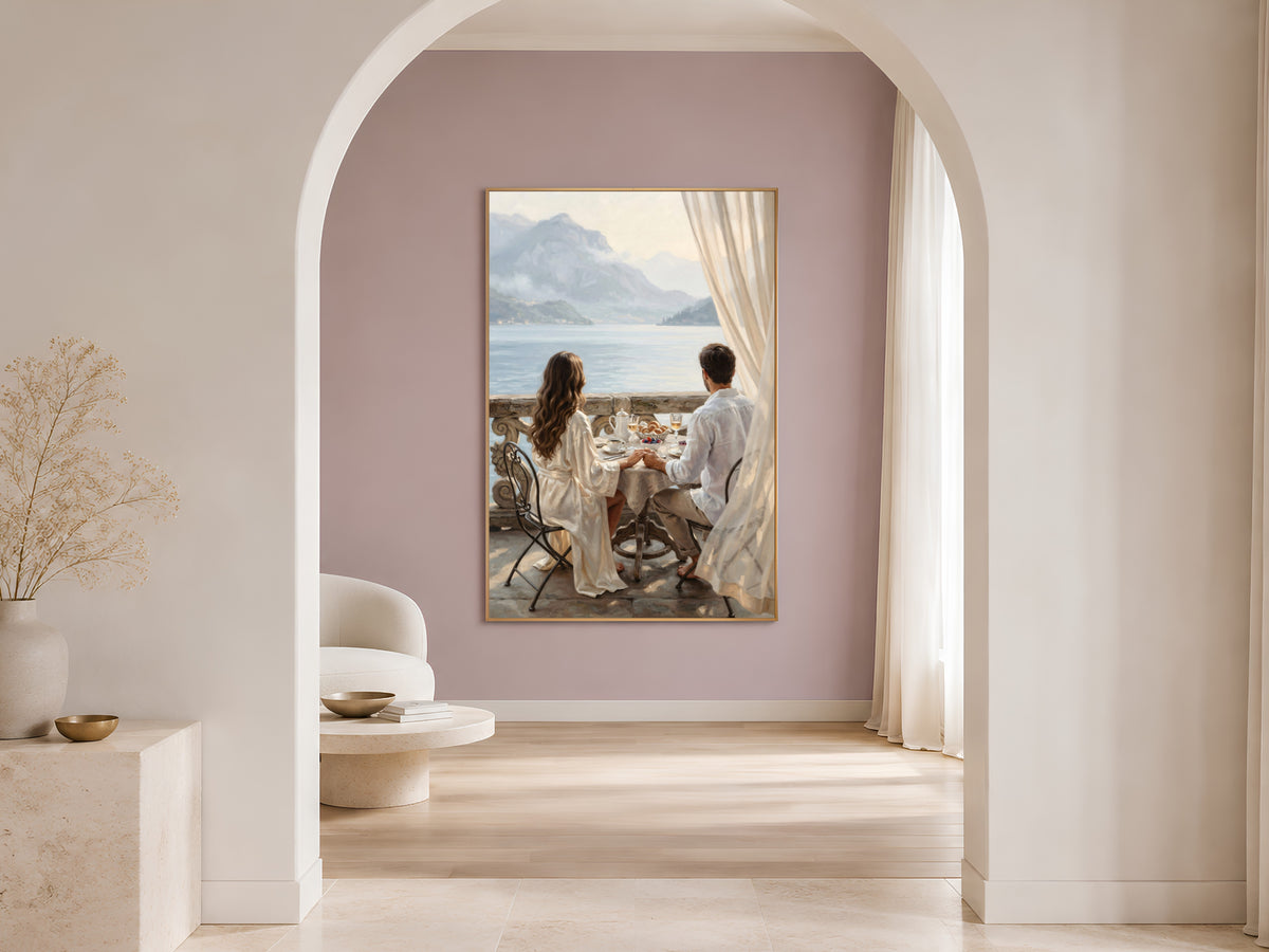 Lake Como Wall Art, Romantic Couple Breakfast Oil Painting Print - Digital Download