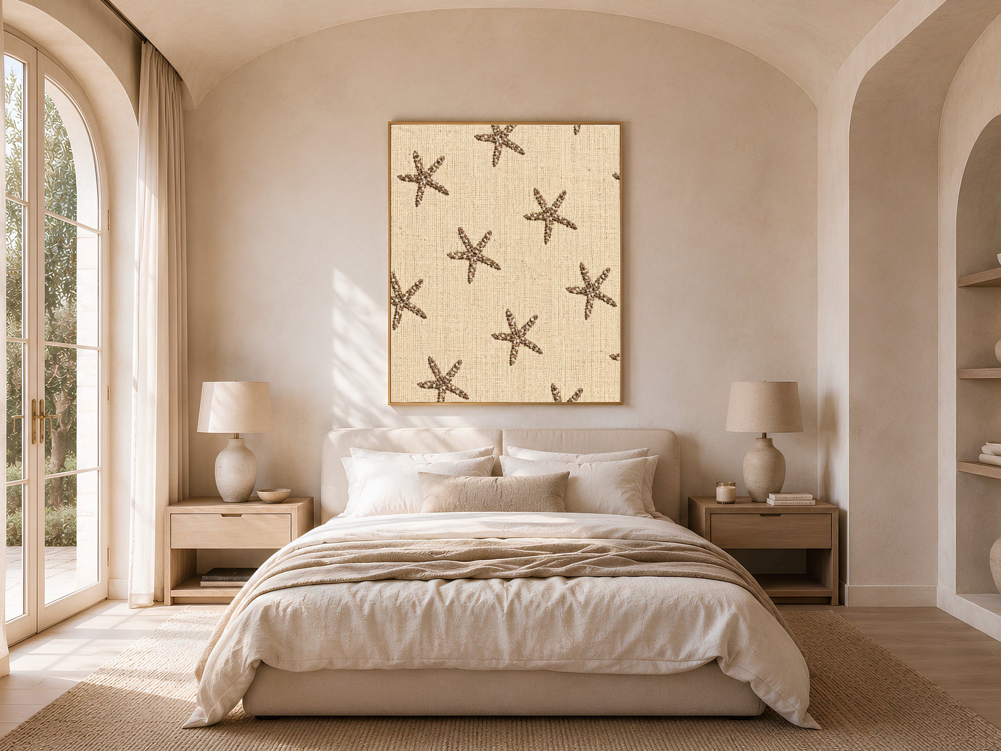 Embroidered starfish wall art framed above a bed in a warm neutral bedroom with arched windows