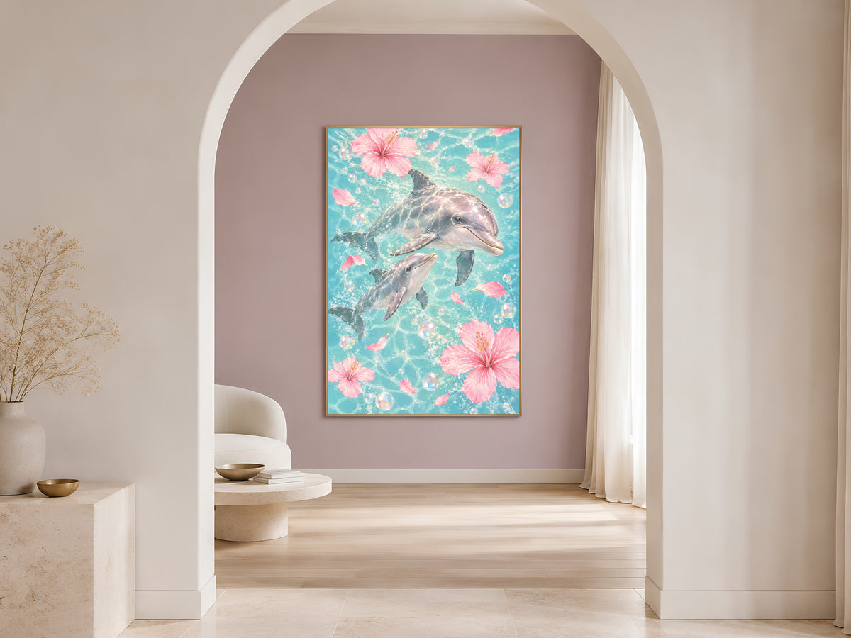 Dolphin Watercolor Wall Art, Mother Baby Dolphin Print - Digital Download