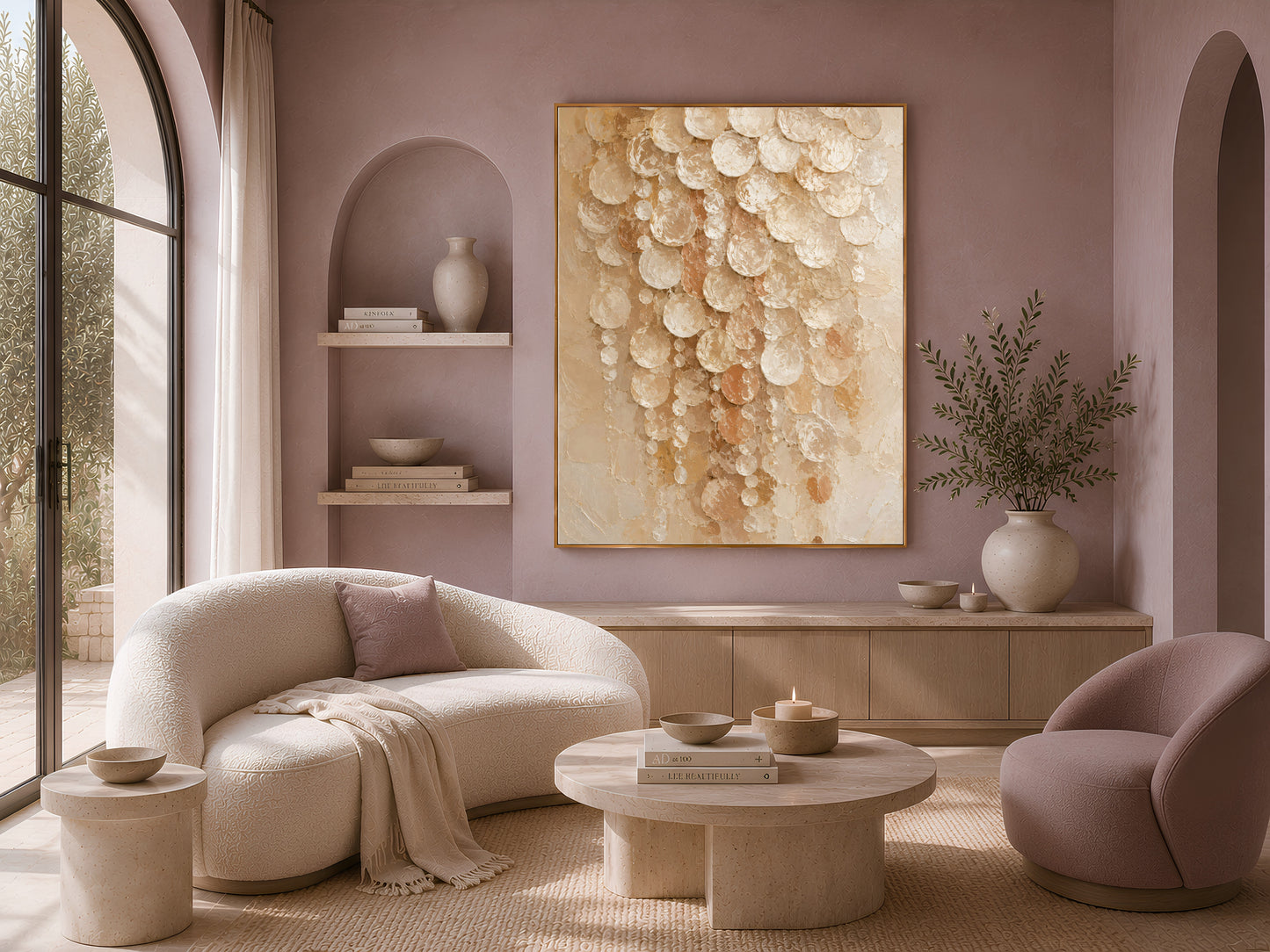 Cream terracotta capiz shell wall art above cream sofa in cozy living room
