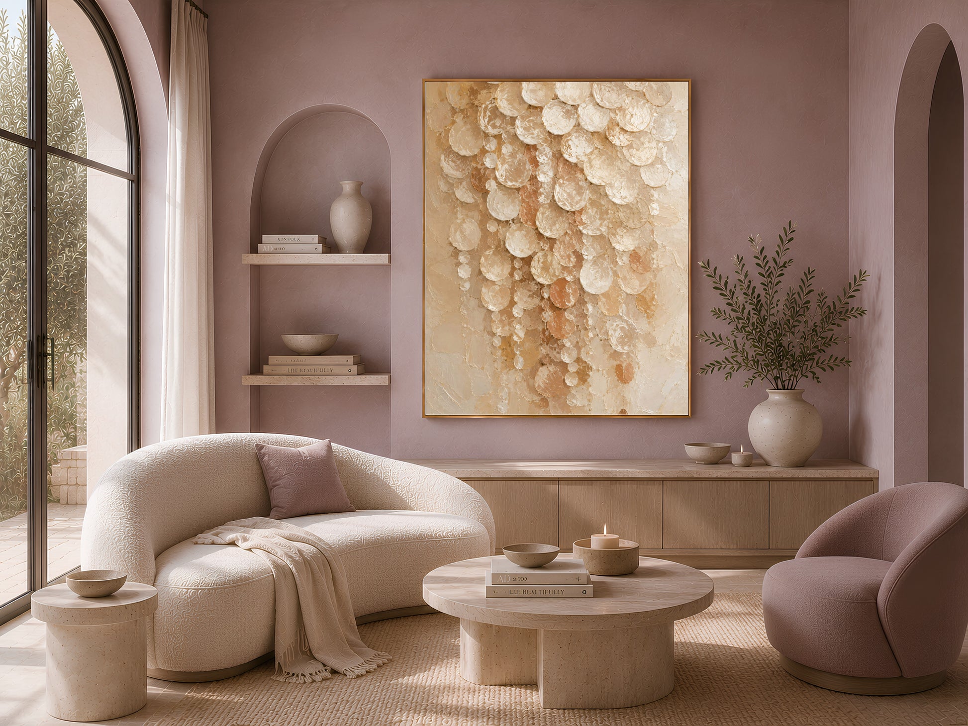 Cream terracotta capiz shell wall art above cream sofa in cozy living room
