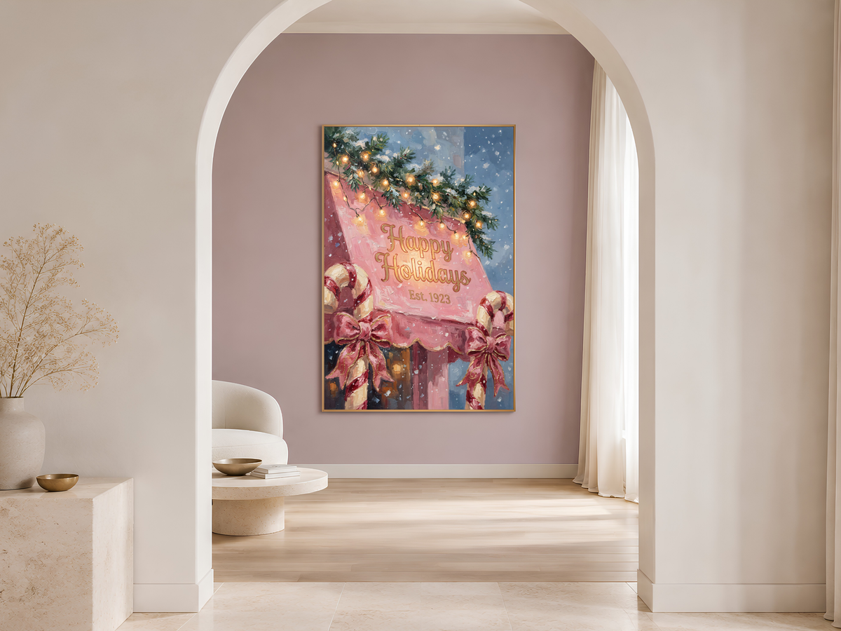 Pink Christmas Wall Art, Vintage Happy Holidays Sign Print - Digital Download