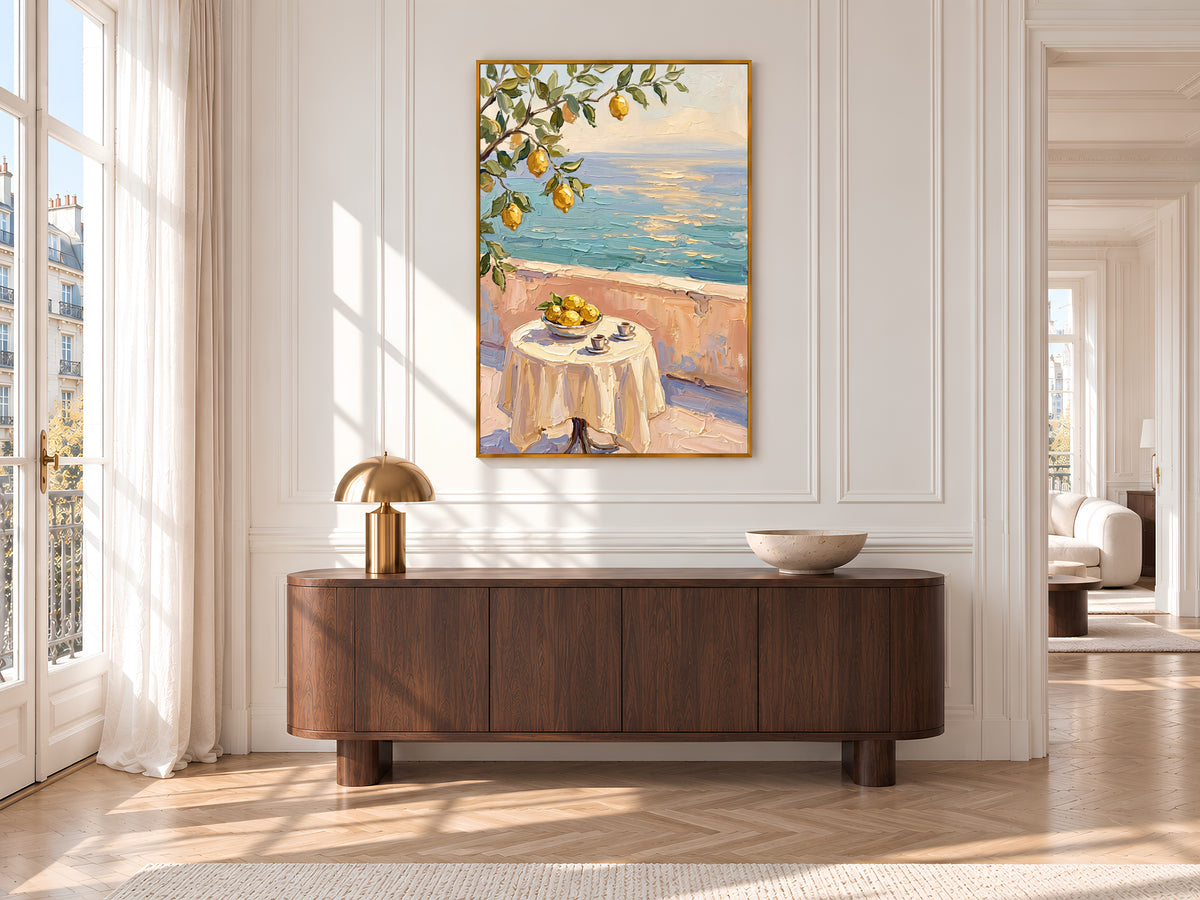 Lemon Tree Sea View Painting Print, Mediterranean Terrace Wall Art, Textured Coastal Art, Printable Digital Download