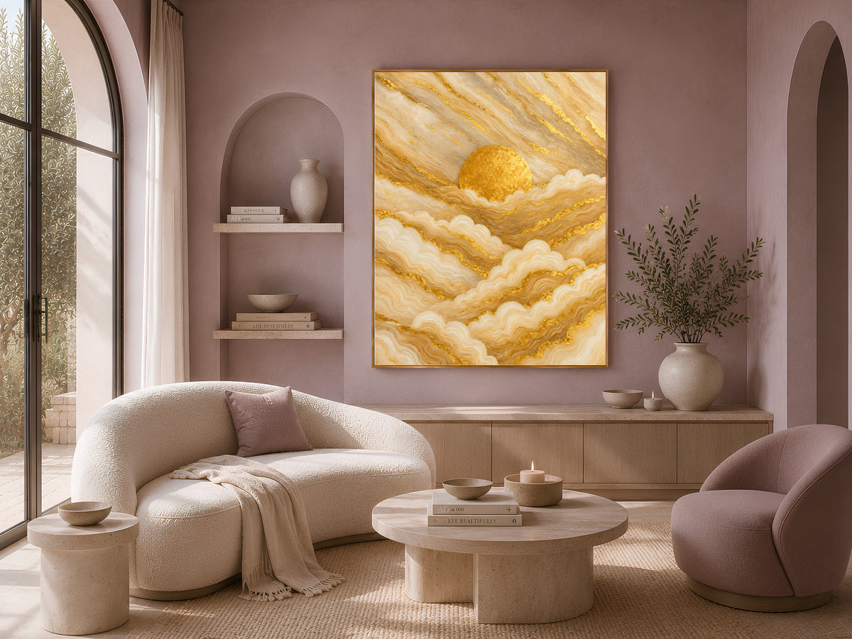 Gold marble abstract wall art framed above a curved boucle sofa, boho sunrise luxury painting print