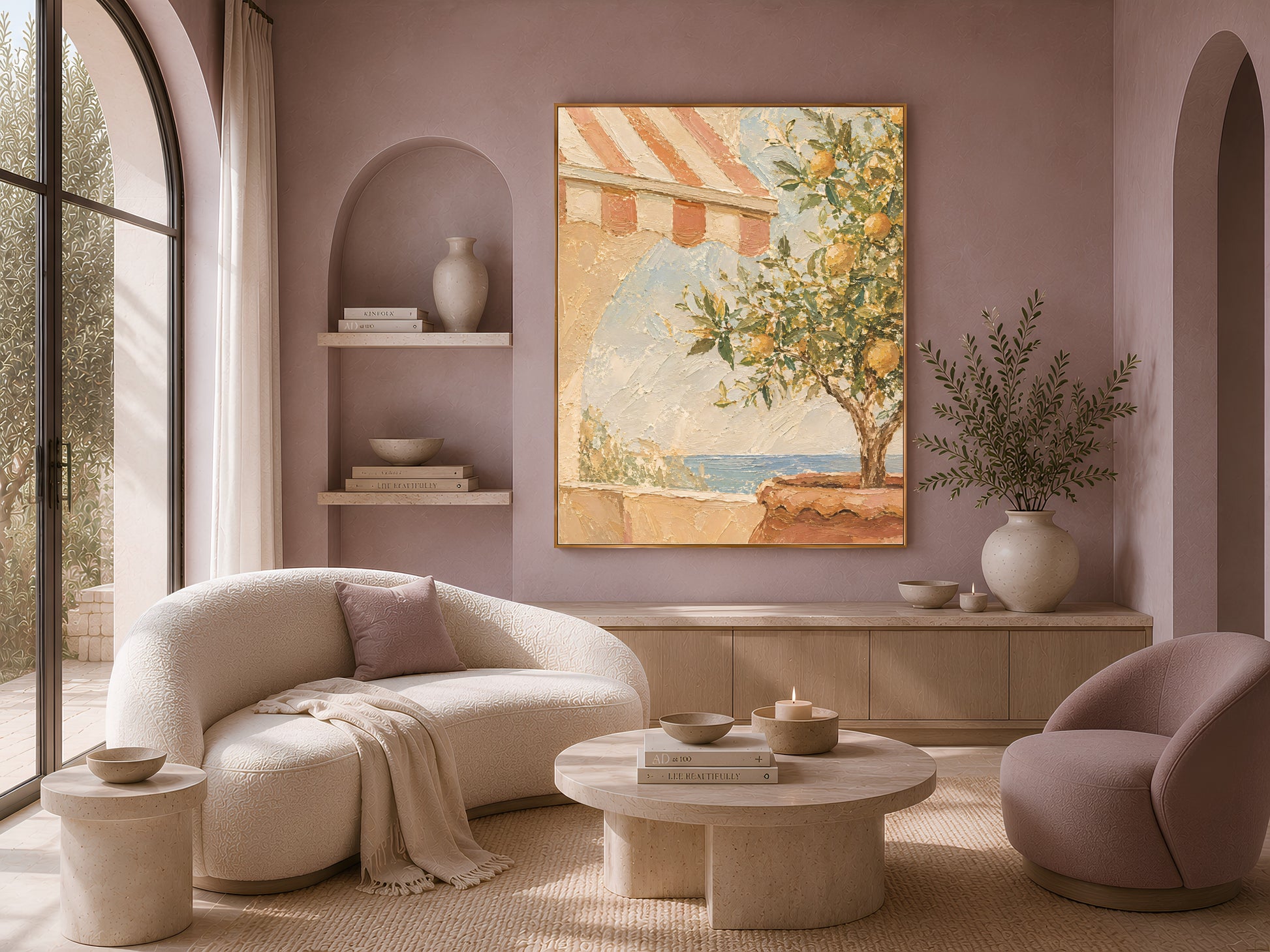 Mediterranean terrace wall art framed in a living room with curved boucle sofa, arched niche, and warm mauve wall
